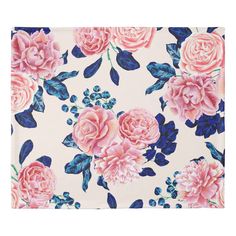 pink roses and blue leaves on a white background canvas wall art print by pretty little things