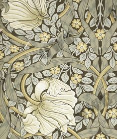 an intricately designed wallpaper with flowers and leaves in gold, grey, and white