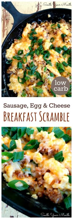 sausage, egg and cheese breakfast scramble in a cast iron skillet