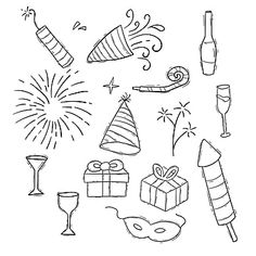 black and white drawing of party items including champagne, cake, wine glasses, fireworks