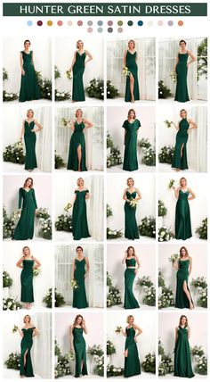 a collage of photos showing the different dresses worn by women in dark green outfits