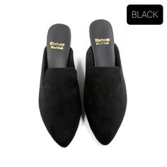 Black Slip-on Mules With Suede Lining, Suede Slip-on Mules With Pointed Toe, Pointed Toe Slip-on Suede Mules, Slip-on Suede Mules With Pointed Toe, Suede Mules With Flat Heel, Trendy Suede Slip-on Mules, Trendy Suede Slip-ons, Black Suede Flat Slip-ons, Flat Slip-on Suede Slippers