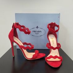 Beautiful Classic Bright Red Prada Heels - Nib Authentic Best For A Narrow Foot Luxury Red Sandals With 4-inch Heel, Elegant Red Sandals, Luxury Red Pointed Toe Sandals, Luxury Red Heels With Heel Strap, Red Pointed Toe Sandals For Cocktail, Luxury Red Heels For Spring, Designer Red High Heel Shoes, Red Open Heel Heels With Branded Heel Counter, Red Round Toe Heels For Cocktail