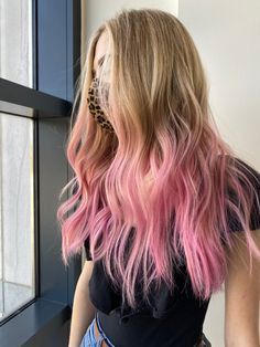 Purple Ends On Blonde Hair, Pink Hair Ends Blondes, Pink Ombre Blonde Hair, Blonde Hair With Light Pink Tips, Blonde With Pink Balayage, Blonde To Pink Ombre Hair, Pink Ends On Blonde Hair, Pink Hair Bottom Half, Pink Dipped Hair