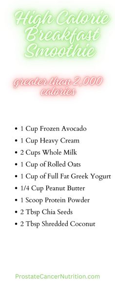 the ingredients for high calorie breakfast smoothie are shown in green and pink