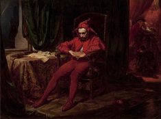 a painting of a man sitting in a chair with his hands on his knees and looking down