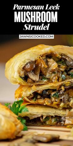 mushroom and spinach empanadas stacked on top of each other with text overlay