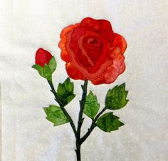 a painting of a red rose with green leaves on a white wallpapered background