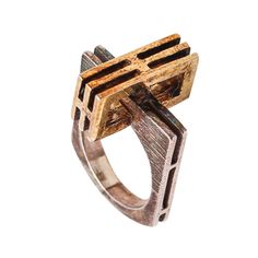 A Danish Architectural Geometric Ring. Very Interesting Geometric Ring, Created In Denmark During The Modernist Period, Back In The 1970. This Ring Has Been Crafted In Two Sections And Made Up In Solid .925/.999 Sterling Silver And 14 Karats Yellow Gold. The Silver Part Is Treated With Incised Textured Finish And The Volumetric Upper Part In High Polished Finish. Weight: 9.85 Grams, (6.42 Dwt). Size: 6.75 And May Be Sized On Special Request. Measurements: 21 Mm By 18 Mm (0.83 X 0.71 Inches) And Raise 10 Mm Over The Finger. Hallmarks: Stamped With The Mark For The Assay Of The 14kt Gold And The .925 Sterling Silver. Collateral: This Ring Is Accompanied By A Presentation Jewe Architecture Jewelry, Sculptural Bracelet, Mid Century Modern Jewelry, Sculptural Ring, Abstract Jewelry, Modernist Ring, Modernist Jewelry, Geometric Ring, Creative Lighting