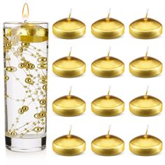 PRICES MAY VARY. Package includes: you will receive 12 pieces unscented floating candles, sufficient quantity for you to meet your daily use and replacement requirements, you can also share with your friends and family to use them in many occasions such as weddings, parties and dating. Gold pearl string is not included. Reliable material: these small floating candles are made of quality wax material, reliable and convenient to use, not easy to break or deform, which can be applied for a long tim Gold Floating Candles, Floating Pool Candles, Candles For Wedding, Floating Centerpieces, Dinner Home, 50th Wedding Anniversary Party, Gold Party Decorations, 50th Anniversary Party, Anniversary Decorations