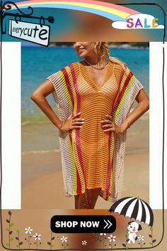 Orange Hollow-out Rainbow Kimono Knit Beachwear Summer Beige Knit Cover-up, Summer Knit Beach Cover-up, Multicolor Beachwear Cover-up For Warm Weather, Knit Cover-up For Beach Party In Spring, Spring Beach Party Knit Cover-up, Knit Cover-up For Spring Beach Party, Summer Knit Cover-up For Beach Season, Beige Knit Summer Cover-up, Knit V-neck Beach Cover-up