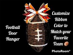 a football themed basket with the words, custom ribbon color to match your favorite team