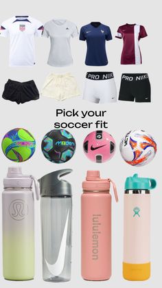 a group of different items that include water bottles and soccer balls are shown in this image