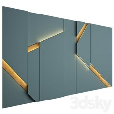 three panels with gold lines on them and one panel is closed to reveal the light