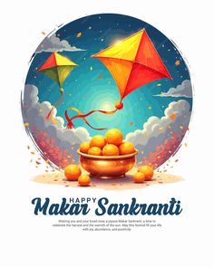 happy makar sanki greeting card with oranges in bowl and kite flying above it