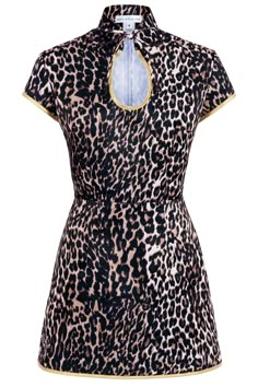 Our leopard print duchess satin mini dress is the perfect party dress. Made from luxurious leopard print duchess satin, printed in the UK, it is trimmed with gold binding, has a tie-front, keyhole neckline & side seam zipper. The Mandarin collar and delicate cap sleeves remind us of actress, Anna Mae Wong's glamorous costumes from the golden age of Hollywood. Pair it with one of our gorgeous charm belts for the ultimate statement party outfit. Made in England. We will email you after purchase to Tie Styling Women, Luxury Retro Fitted Mini Dress, Luxury Fitted Mini Dress With Print, Vintage Fitted Printed Mini Dress, Fitted Mini Dress With Retro Print, 70s Inspired, Fitted Leopard Print Mini Dress, Golden Outfit, Leopard Outfit, 60s Mini Dress