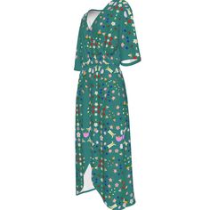 Native Floral Print Women's Short Sleeve V-neck Dress - Nikikw Designs Green Stretch V-neck Dress, Fitted V-neck Summer Beach Dress, Green Fitted V-neck Dress With Short Sleeves, Stretch V-neck Beach Dress For Vacation, Casual Half Sleeve Maxi Dress For Beach, Casual Half-sleeve Maxi Dress For Beach, Multicolor V-neck Beach Dress, Summer V-neck Relaxed Fit Dress, Green Floral Print Summer V-neck Dress