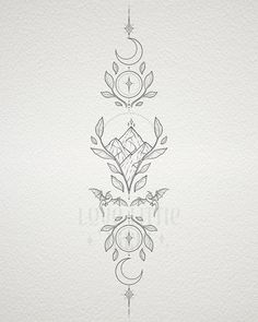 a drawing of an ornate design with leaves and crescents on it's side