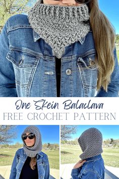 a woman wearing a crochet hat and scarf with the text, one beani bandana free crochet pattern