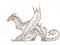 a drawing of a dragon sitting on the ground with its head turned to the side