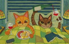 a painting of two cats laying in bed with food and wine on the table next to them