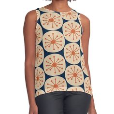 Women's sleeveless tank with vivid edge-to-edge sublimation print on front. Spliced materials for comfort. Front panel made from silky chiffon and solid color black or white jersey back. Sizes available XS- 2XL. Atomic Retro Dots Midcentury Modern Pattern in Mid Mod Burnt Orange, Beige, and Navy Blue. A fun but tasteful nod toward the 50s and 60s, the atomic era or space age, and mid century design sensibilities. By Kierkegaard Design Studio. Atomic Retro, Atomic Era, Sleeveless Top Designs, Embroidery Flowers Pattern, Mid Mod, White Jersey, Space Age, Modern Pattern, Mid Century Design