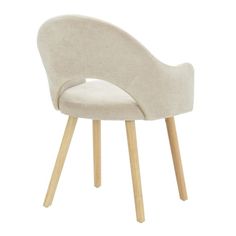 an upholstered chair with wooden legs and a beige fabric seat pad on the back