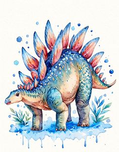 a watercolor painting of a dinosaur with wings