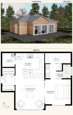 two floor plans for a small house with one bedroom and an open living area in the middle