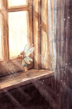 a drawing of a little fairy sitting on a window sill looking out the window