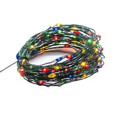 multicolored christmas lights are shown on a white background with the string attached to it