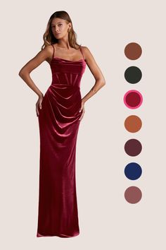 a woman in a long red dress standing next to different color swatches and colors