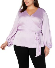 A glamorous, plus size charmeuse blouse from I.N.C. International Concepts flatters with a surplice-style neckline and a waist-defining wrap tie.
&lt;ul&gt;
 	&lt;li&gt;Approx. model height is 5'10&quot; and she is wearing size 2X&lt;/li&gt;
 	&lt;li&gt;Loose fit; hits at hip&lt;/li&gt;
 	&lt;li&gt;Surplice neckline&lt;/li&gt;
 	&lt;li&gt;Matching belt ties at waist&lt;/li&gt;
 	&lt;li&gt;Long blouson sleeves&amp Plus Size Belts, Purple Blouse, Wrap Blouse, Plus Size Blouses, Boho Tops, Inc International Concepts, Plus Size Tops, Belts For Women, Plus Size Outfits