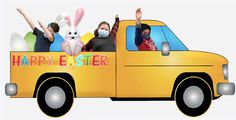 a truck with people in the back and bunny ears on it's side, driving through an easter parade