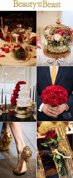 a collage of photos with red flowers and gold accents on them, including wedding cake