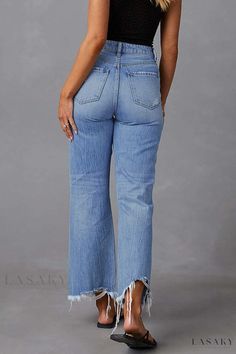 Lasaky - Classic High-Waisted Denim Jeans with Distressed Vintage Appeal High Waist Ripped Cropped Jeans In Medium Wash, Ripped High Waist Cropped Jeans In Medium Wash, Casual Ripped High Rise Cropped Jeans, Distressed High Waist Cropped Jeans, High Waist Distressed Cropped Jeans, Ripped Wide Leg Cropped Jeans, Casual High Waist Ripped Cropped Jeans, Casual Mid-rise Solid Color Jeans, Straight Leg Denim Bottoms In Solid Color