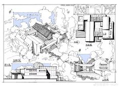 an architectural drawing of a house surrounded by trees and bushes, with the ground plan drawn out