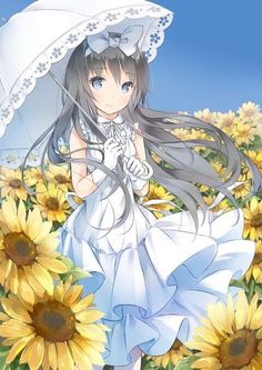 a woman in white dress holding an umbrella next to sunflowers