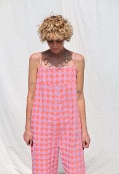 Spaghetti Strap Jumpsuit in Seersucker Checks Cotton ADA OFFON CLOTHING - Etsy Summer Sleeveless Gingham Jumpsuits And Rompers, Sleeveless Gingham Jumpsuits And Rompers For Summer, Summer Gingham Cotton Jumpsuits And Rompers, Spring Gingham Jumpsuits And Rompers, Summer Cotton Plaid Jumpsuits And Rompers, Sister Golden Hair, Sister Golden, Spaghetti Strap Jumpsuit, Womens Jumpsuits