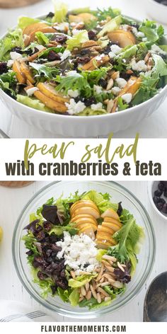 a salad with cranberries and lettuce is shown in two separate bowls