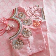 Peach Blouse Maggam Work Designs, Pink Blouse Aari Designs, Latest Pearl Work Blouse Designs, Maggam Work With Pearls, Beads Work For Blouse, Peach Color Blouse Designs, Pearls Maggam Work Designs, Baby Pink Maggam Work Blouses, Pastel Pink Aari Work Blouse