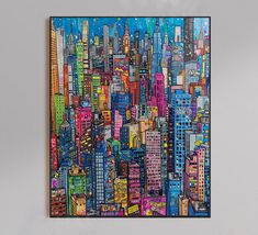 a painting of a city with lots of tall buildings in the night, and blue sky