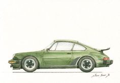 a drawing of a green sports car on a white background