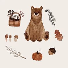 the bear is surrounded by autumn leaves and acorns, as well as mushrooms