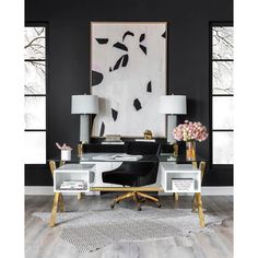 Beverly Large Desk, White/Gold - Furniture - Office - High Fashion Home Ideas For Interior Design, Elegant Office Decor, Tattoo Modern, Modern Office Interiors, White Office, Swivel Office Chair, Modern Home Office, Chic Office, Home Office Space