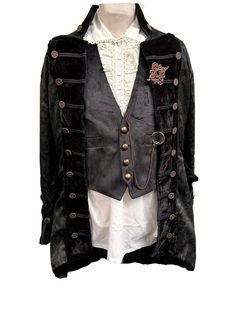 Steampunk Victorian Gothic Pirate Brocade Jacket Raven SDL Vintage outfit 5pcs  1. Black Brocade Pirate style open fronted jacket. Fully lined with pockets.  With Black contrasting Velvet lapel.Rustic cog button detail.Raven Clothing. Well presented high quality . 2. Black Steampunk Gothic velvet mix waistcoat  with rustic buttons.  3 Cream off white  pirate shirt  with ruffles and trimming .Trimming around neck and cuff.Over sized. 4. handcrafted frame metal pin. 5. Chain with glass piece. All Punk Style Costume Outerwear With Buttons, Punk Style Buttoned Outerwear For Costume, Black Steampunk Costume Outerwear, Steampunk Outerwear For Costume Party, Steampunk Outerwear With Buttons For Costume Party, Black Costume Blazer For Fall, Black Blazer For Costume Events In Winter, Black Blazer For Fall Costume Events, Black Blazer For Fall Costume