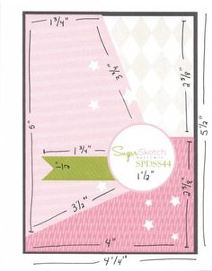 a pink and green greeting card with white stars on the bottom, in front of a ruler