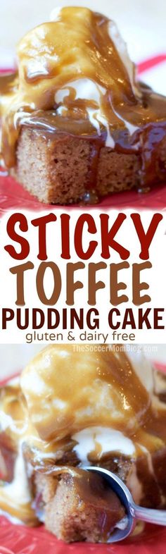 sticky toffe pudding cake on a red plate with a spoon in it and the title overlay reads sticky toffe pudding cake