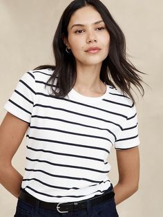 Timeless Crew-Neck T-Shirt | Banana Republic Factory Trendy Crew Neck Short Sleeve Top For Casual Gatherings, Classic Spring Crew Neck T-shirt, Casual Crew Neck T-shirt For Work, Basic Crew Neck Tops For Casual Gatherings, Trendy Crew Neck T-shirt For Workwear, Classic Scoop Neck T-shirt For Spring, Casual Scoop Neck Top For Work, White Crew Neck T-shirt For Workwear, Cotton Crew Neck Short Sleeve Top For Casual Gatherings