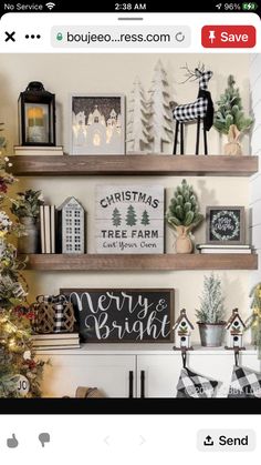 a christmas tree and other decorations are displayed on shelves